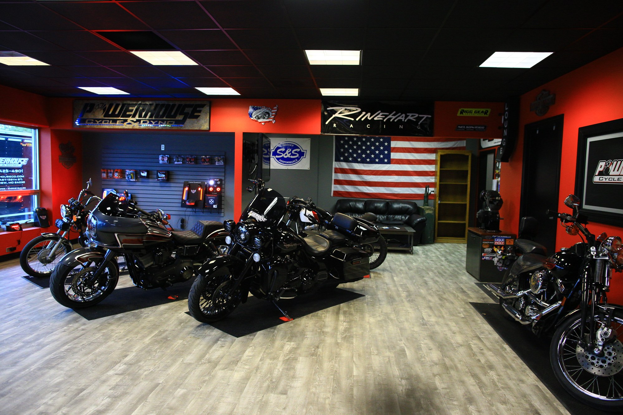 PowerHouse shop floor and motorcycle lineup